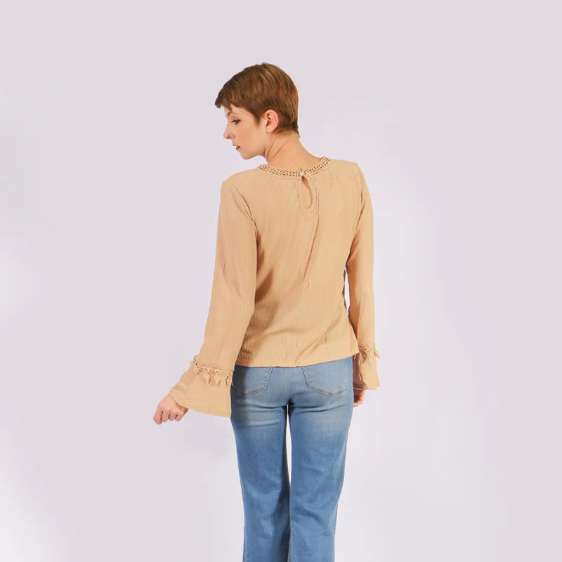 Elegante cola enfeitada renda para mulheres, manga longa, poliéster elastano, b