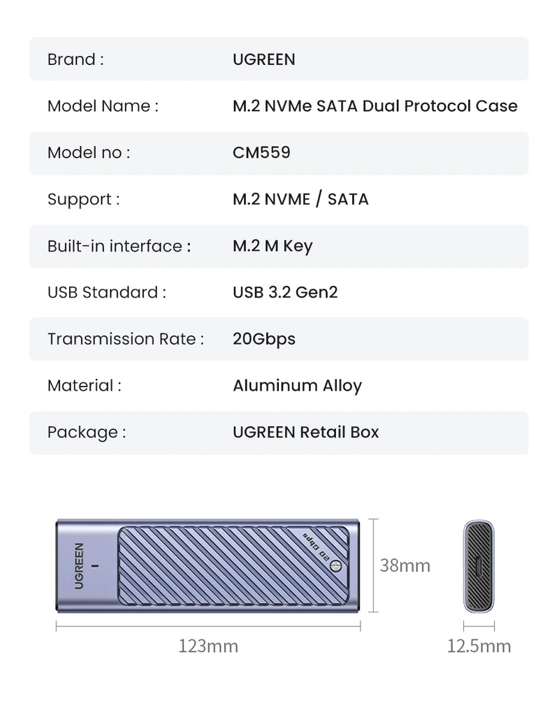 Ugreen m2 ssd caso m.2 nvme ssd ssd gabinete adaptador 10gbps usb 3.2 gen2 usb c